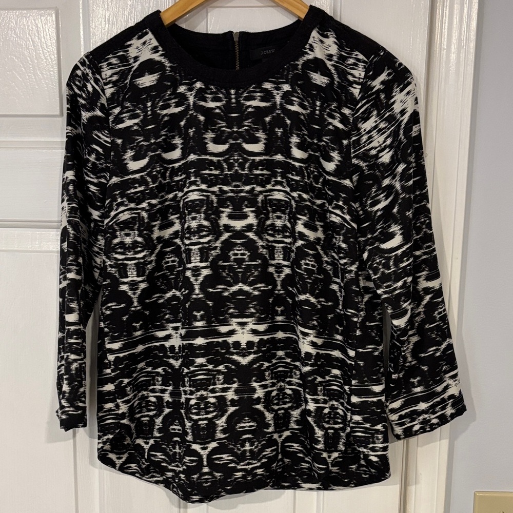 J. Crew Black & White Abstract Ikat-Style Long Sleeve Top / mixed media